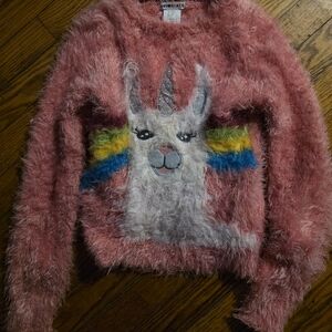 Girls' Pink Fuzzy Llama Crewneck Sweater by OVERSATZ
